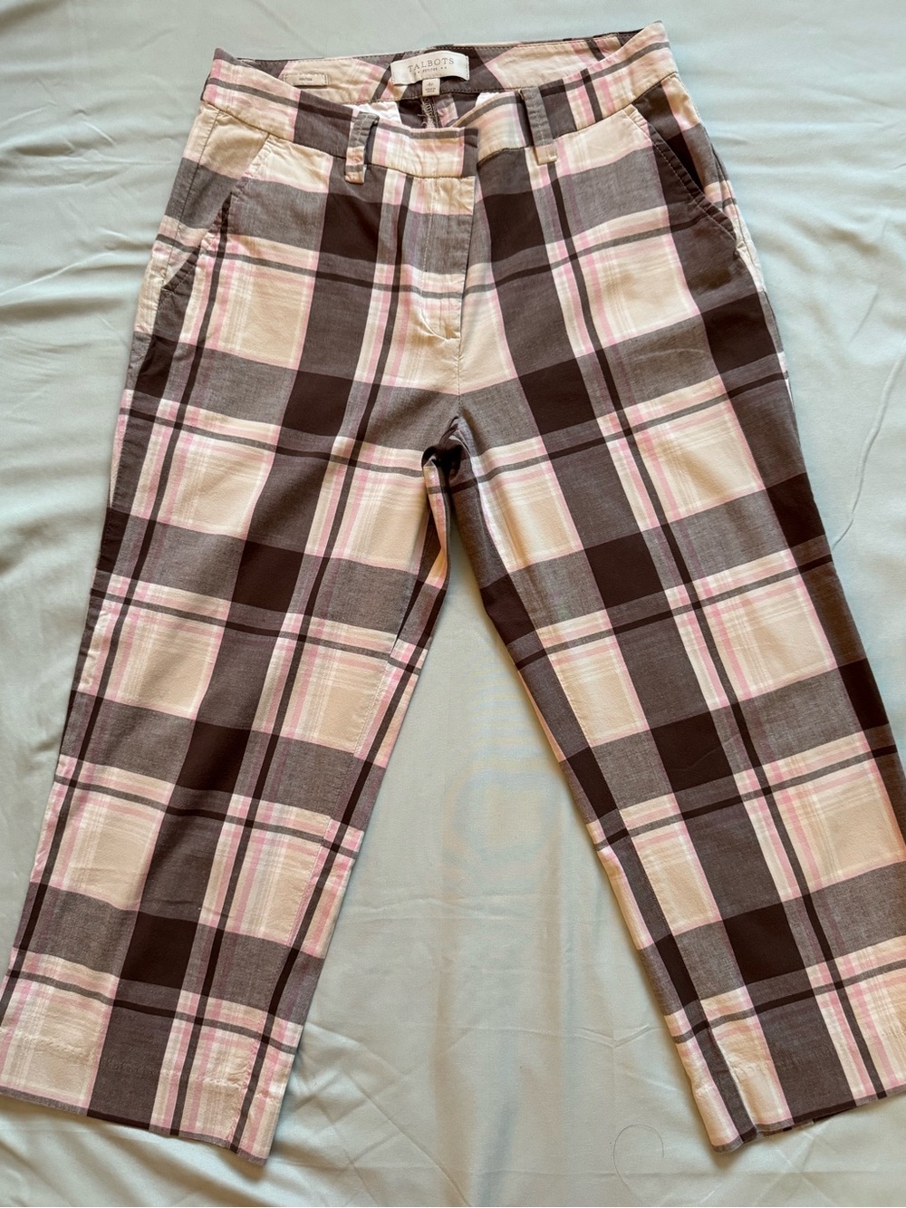 Talbots Heritage Petites Plaid Capri Cropped Pants Brown Pink Tan 4P Stretch EUC